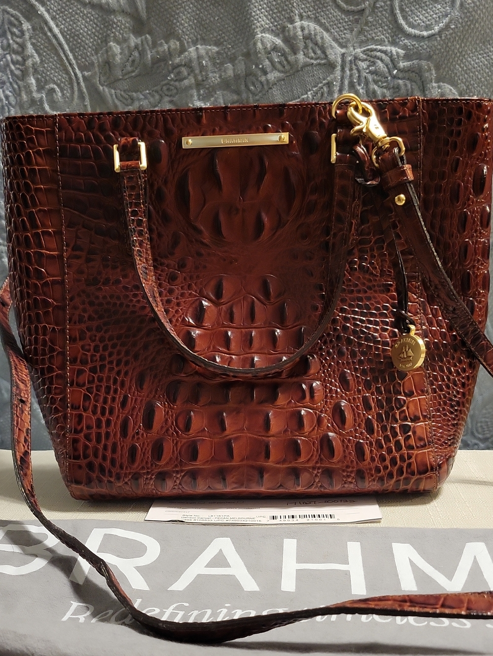 Brahmin Pecan Croc-Embossed Leather Tote with Gold Hardware